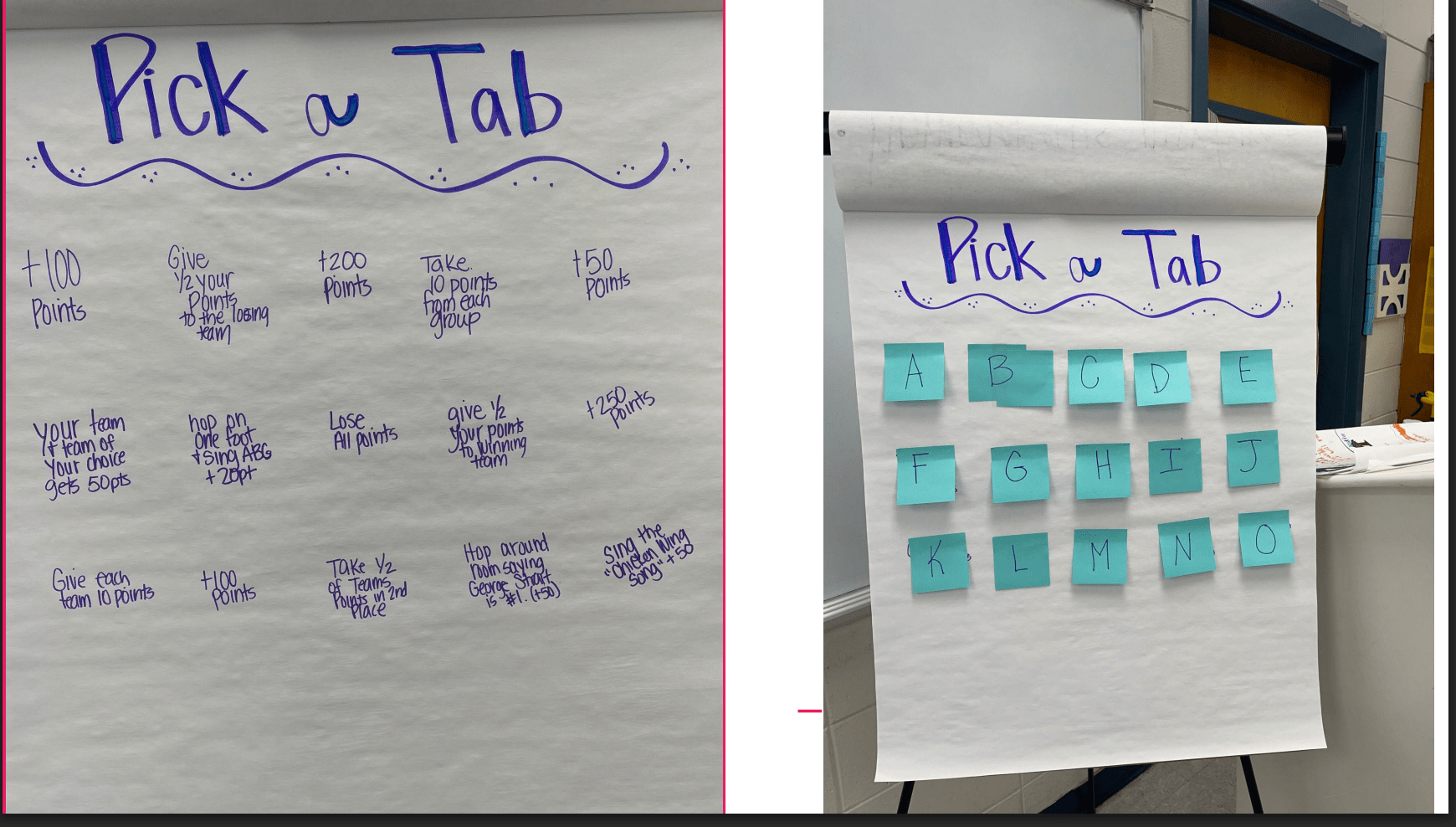 A game called Pick a Tab is shown on chart paper at both the beginning and the end of the game.