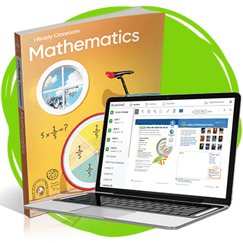 i-Ready Classroom Mathematics book behind a laptop.