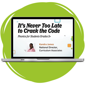 Laptop showing i-Ready phonics webinar "It's Never Too Late to Crack the Code.