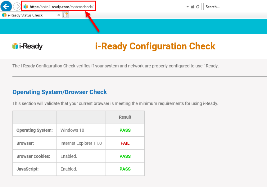 Screenshot of an i-Ready Configuration Check.