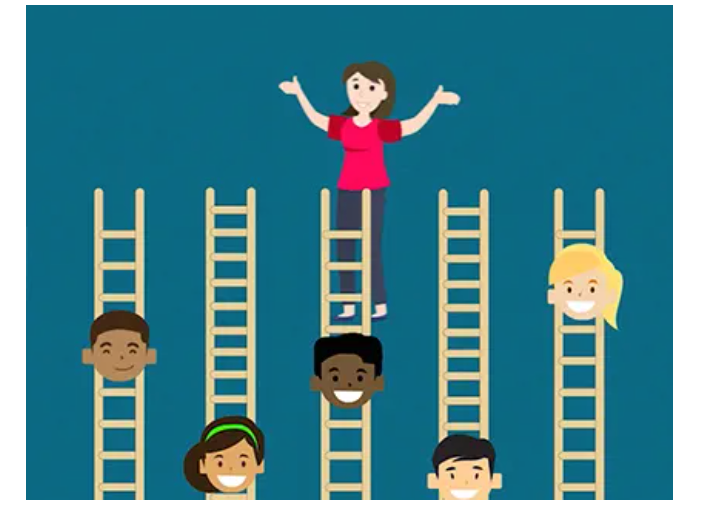 An illustration of a teacher cheering on students climbing ladders at various paces.