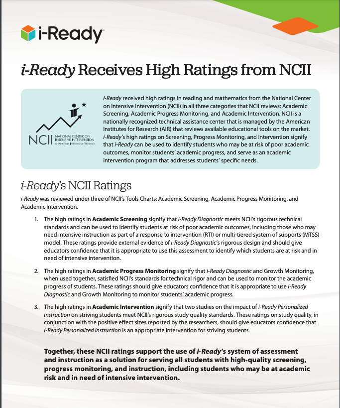NCII evaluation of i-Ready as an Academic Screening Tool and Progress Monitoring Tool flyer.