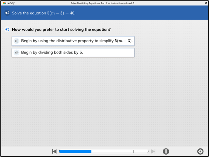 Screen showing an example of a Grade 7 lesson on solving multi-step equations.