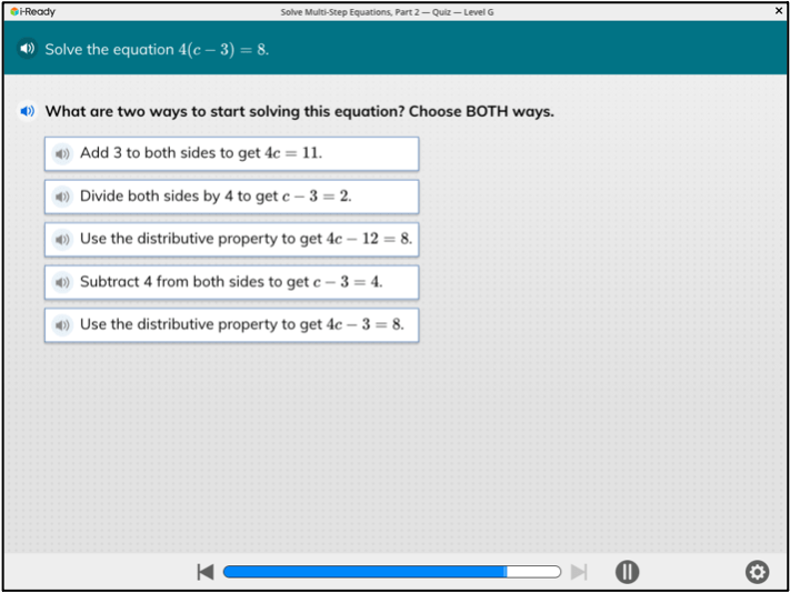 Screen showing an example of a Grade 7 lesson on solving multi-step equations.