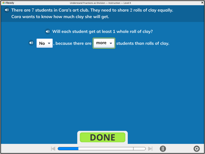 Screen showing a math lesson with cloze sentences for students to justify their answers.