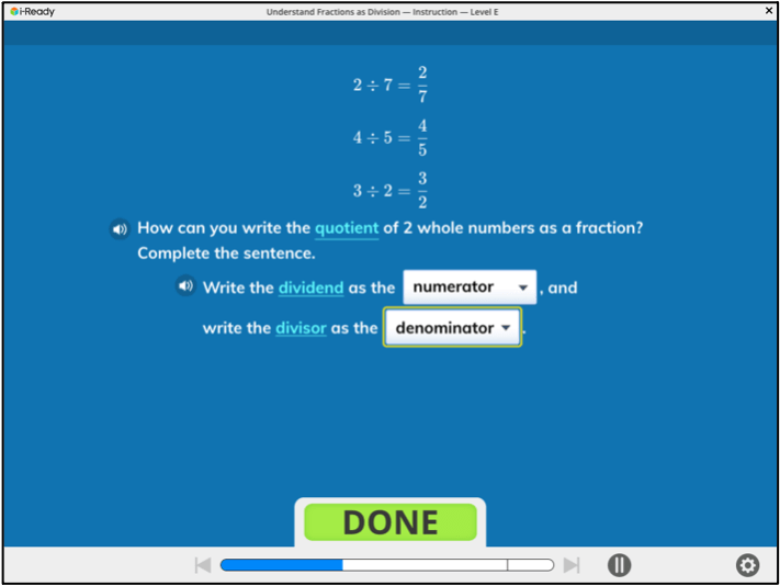Screen showing a math lesson with cloze sentences for students to justify their answers.