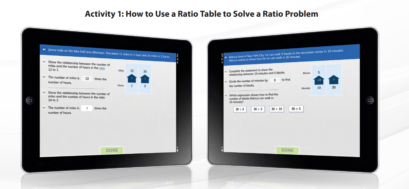 Two tablet screens showing a math activity. 