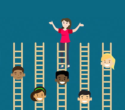 An illustration of a teacher cheering on students climbing ladders at various paces.