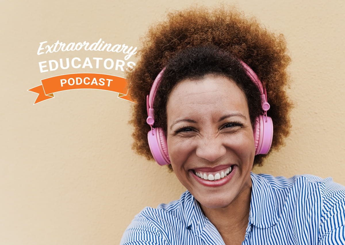 A woman with headphones on with the Extraordinary Educators podcast logo.