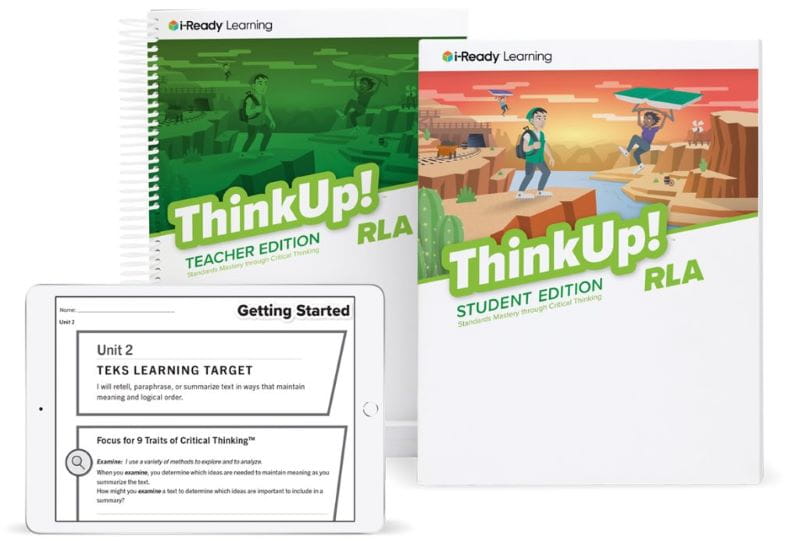 ThinkUp! RLA Teacher and Student books behind an iPad.