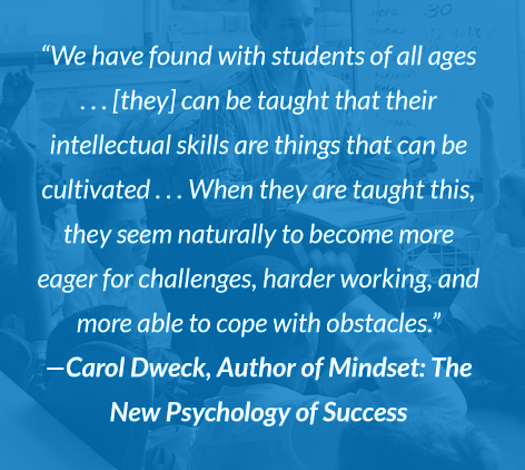 "We have found with students of all ages...[they] can be taught that their intellectual skills are things that can be cultivated...When they are taught this, they seem naturally to become more eager for challenges, harder working, and more able to cope with obstacles." -Carol Dweck, Author of Mindset: The New Psychology of Success